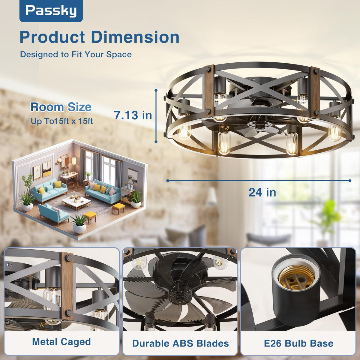 Passky 20" Caged Ceiling Fans with Lights and Remote, Low Profile Fandelier