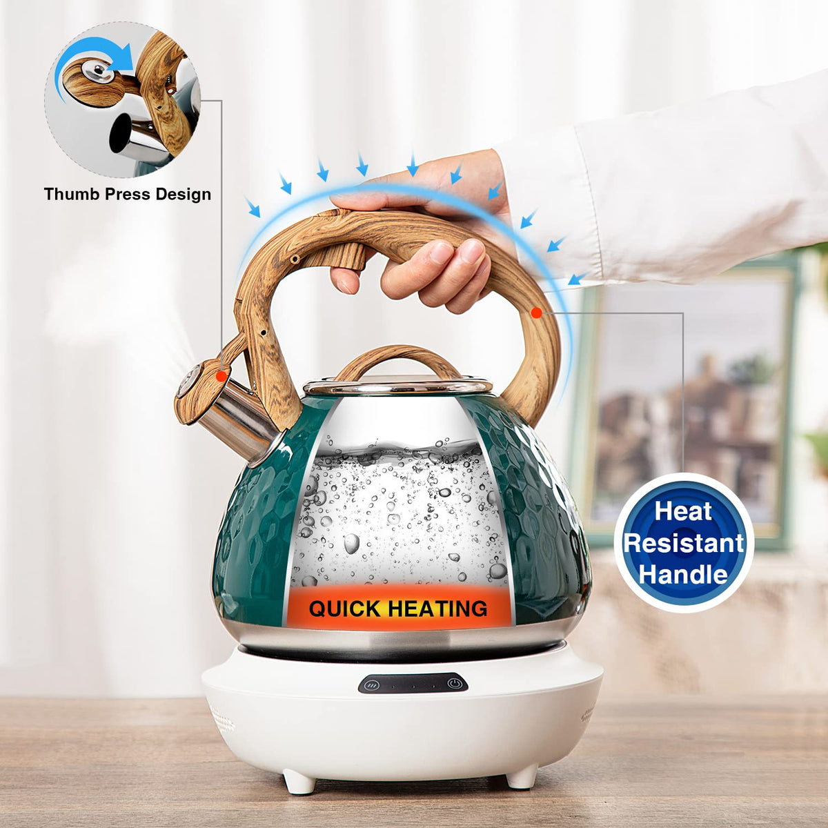 Tea Kettle, Toptier Teapot Whistling Kettle with Wood Pattern Handle Loud Whistle, Food Grade Stainless Steel Tea Pot for Stovetops Induction Water Kettle, 2.7-Quart Butterfly