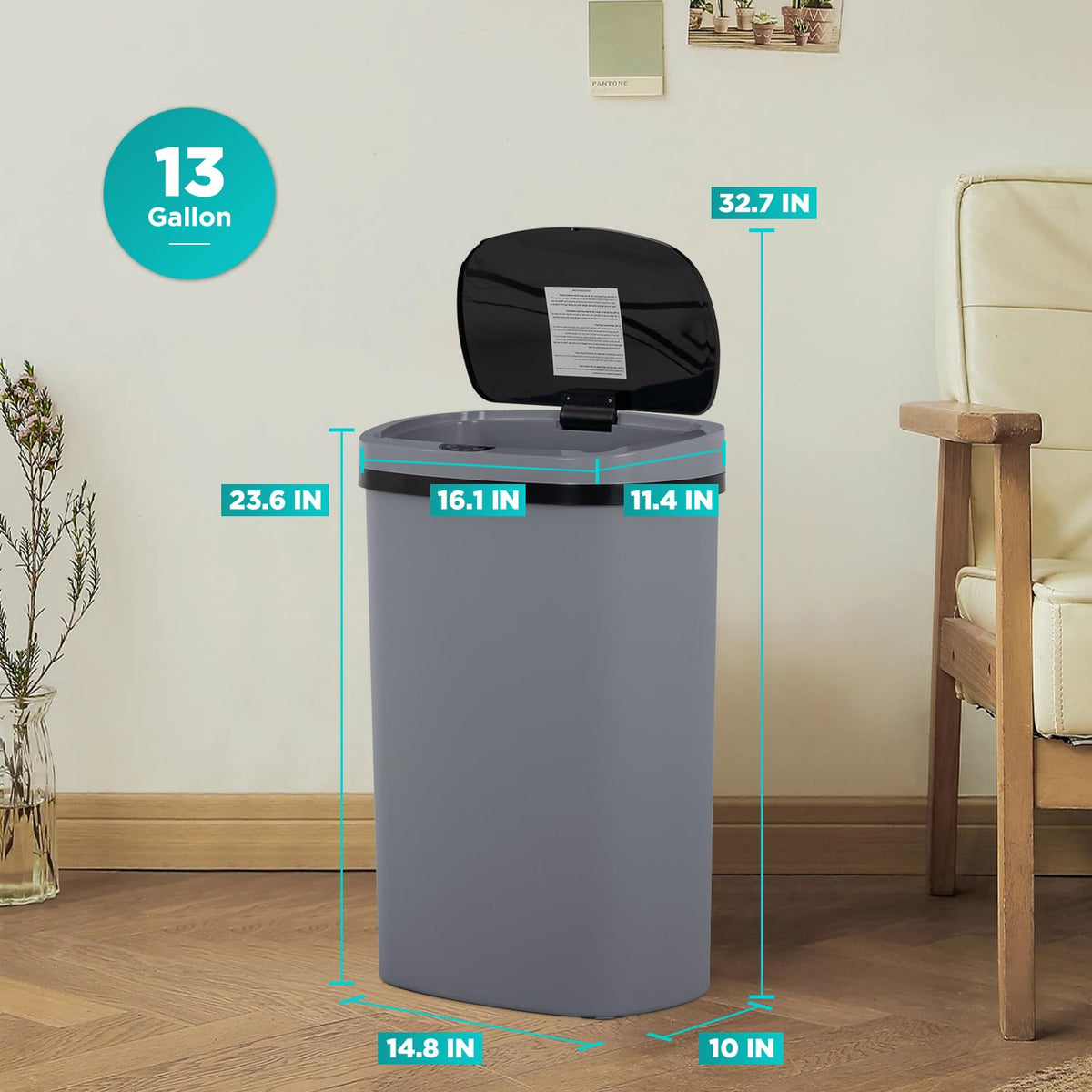 BestOffice | 13 Gallon Stainless Steel Trash Can with Lid | Steel