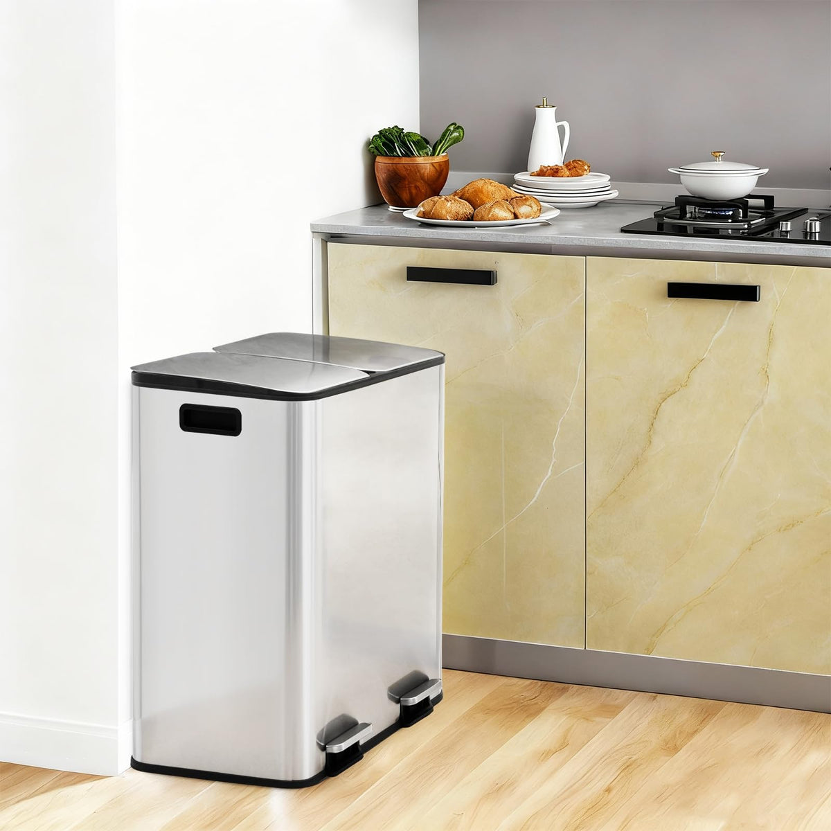 NEWBULIG 16 Gallon Dual Compartment Kitchen Trash Can, Stainless Steel, 60L