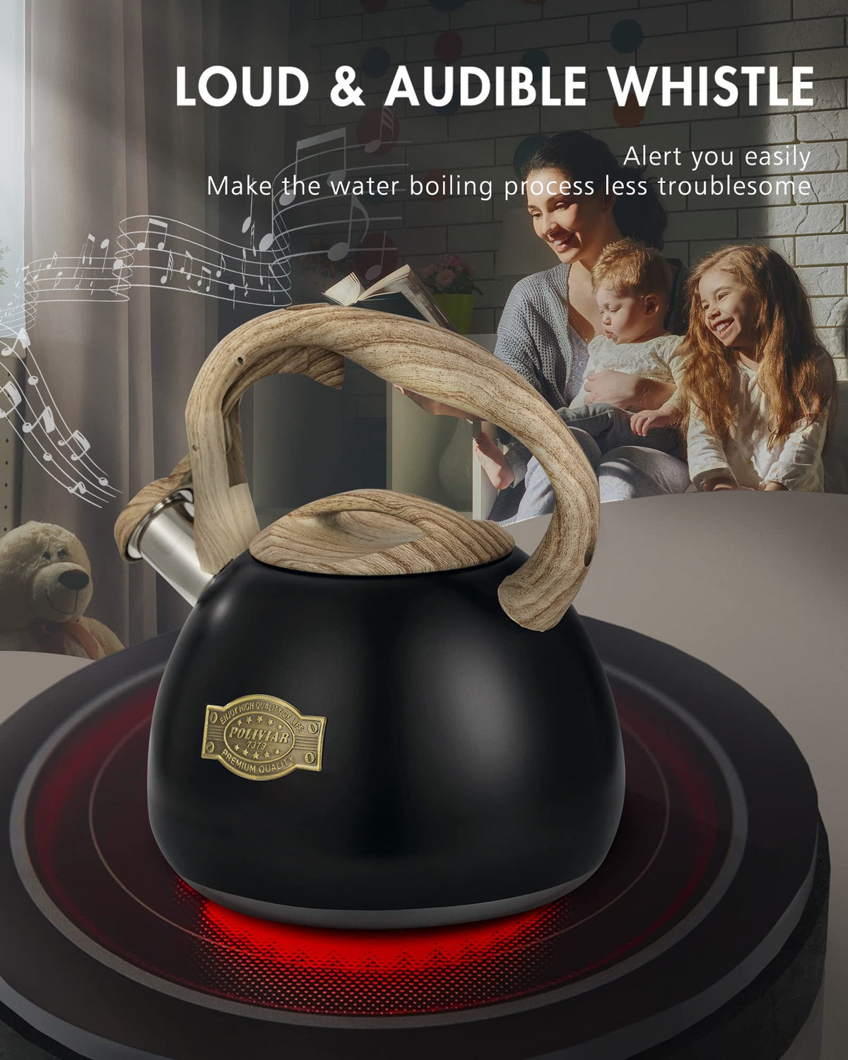 POLIVIAR Tea Kettle, 2.7 Quart Natural Stone Finish with Wood Pattern Handle Loud Whistle Food Grade Stainless Steel Teapot, Anti-Hot Handle and Anti-Rust, Suitable for All Heat Sources (JX2018-GR20)