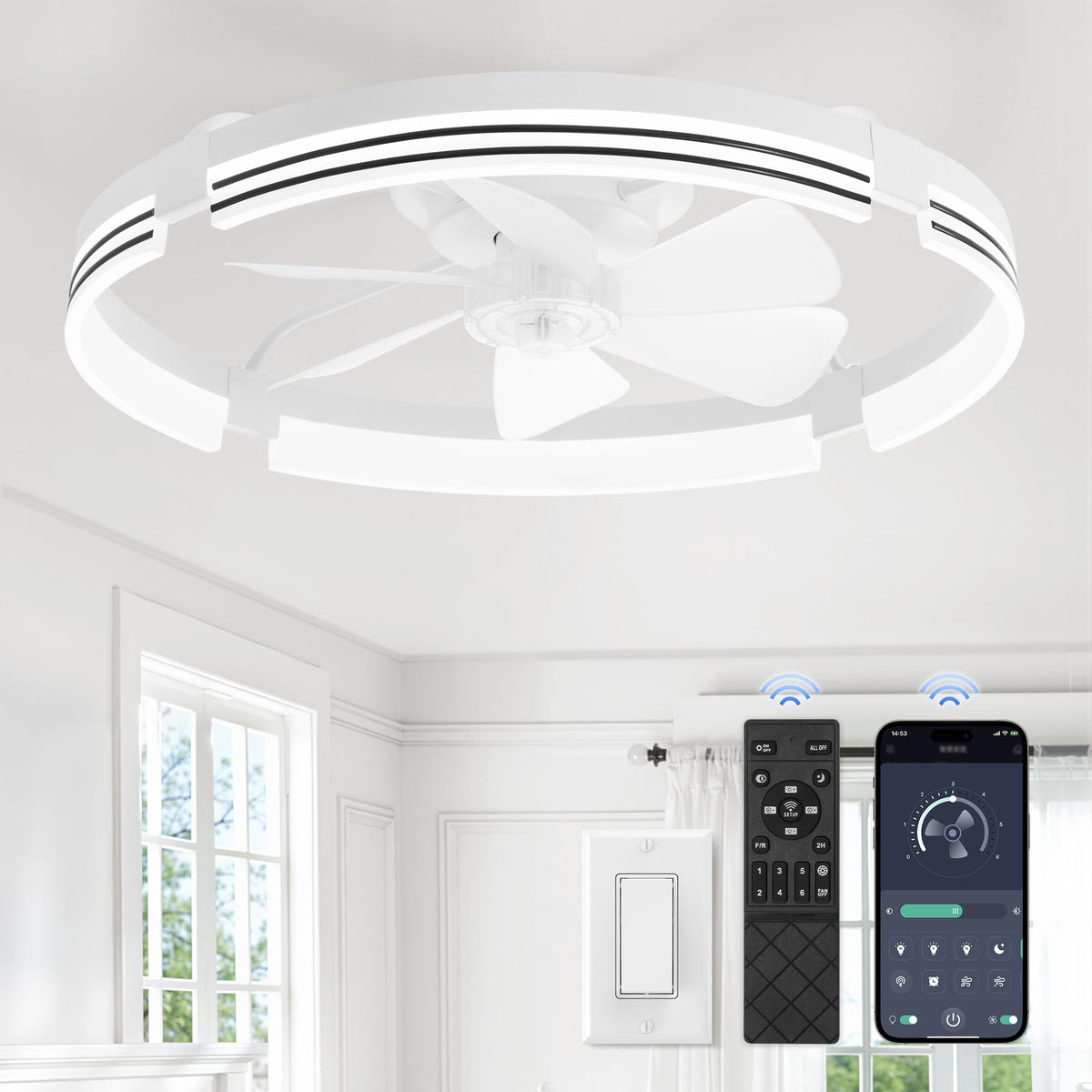 ZMISHIBO Low Profile Ceiling Fans with Lights and Remote, 20" Black