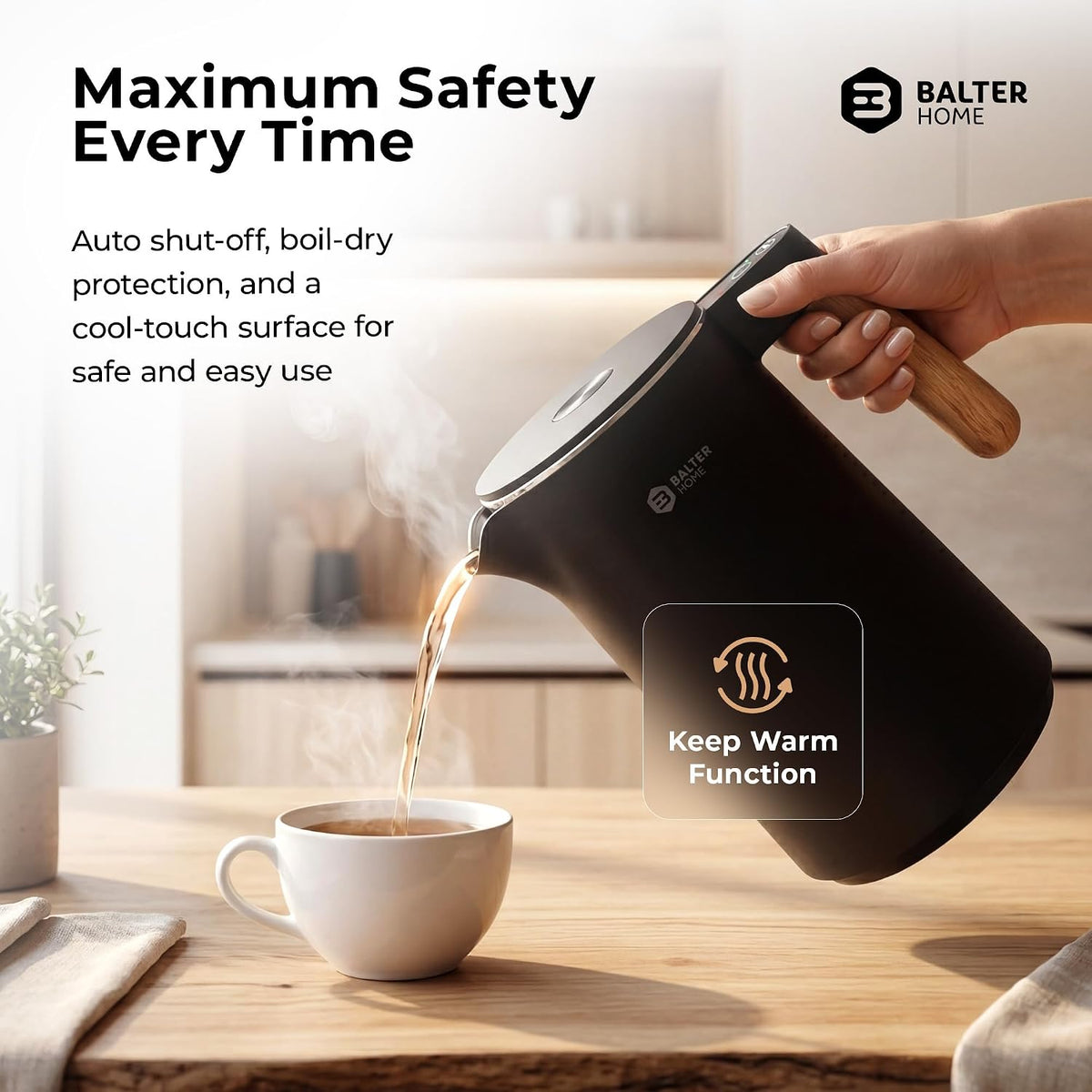 BALTER Electric Kettle with Temperature control, 113 °F – 212 °F, Tea pot, Stainless steel, double wall water kettle, BPA-free, 1.5 L, Black