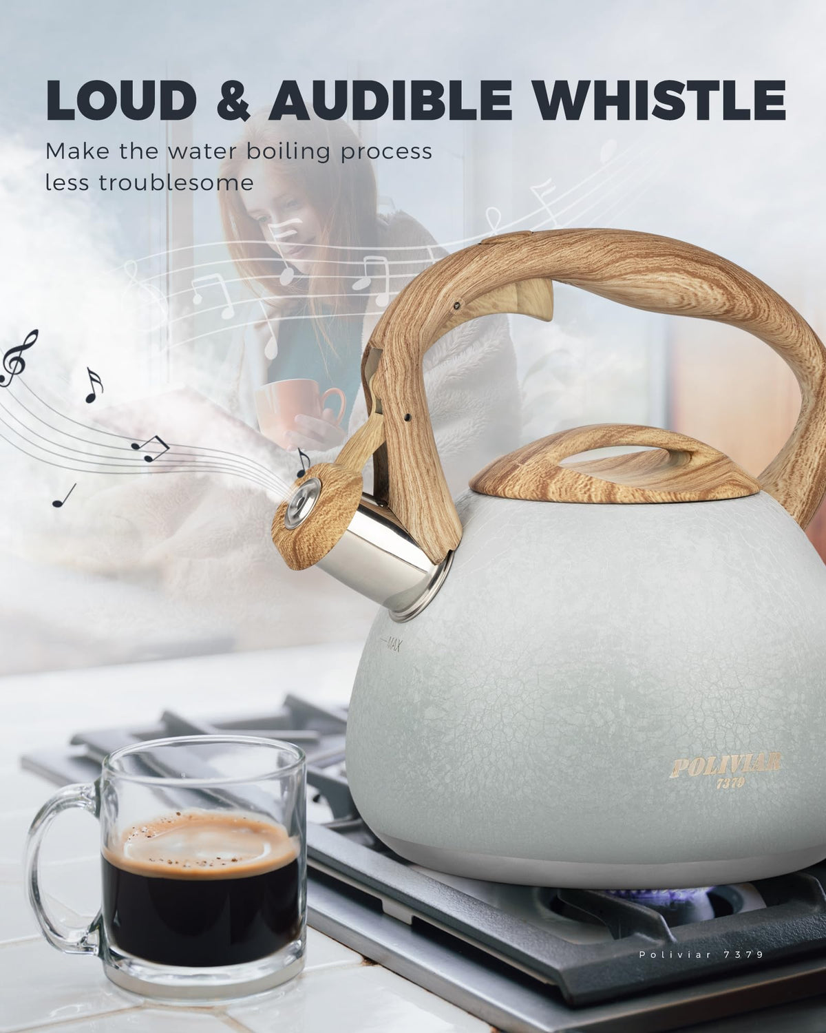 POLIVIAR Tea Kettle, 2.7 Quart Natural Stone Finish with Wood Pattern Handle Loud Whistle Food Grade Stainless Steel Teapot, Anti-Hot Handle and Anti-Rust, Suitable for All Heat Sources (JX2018-GR20)