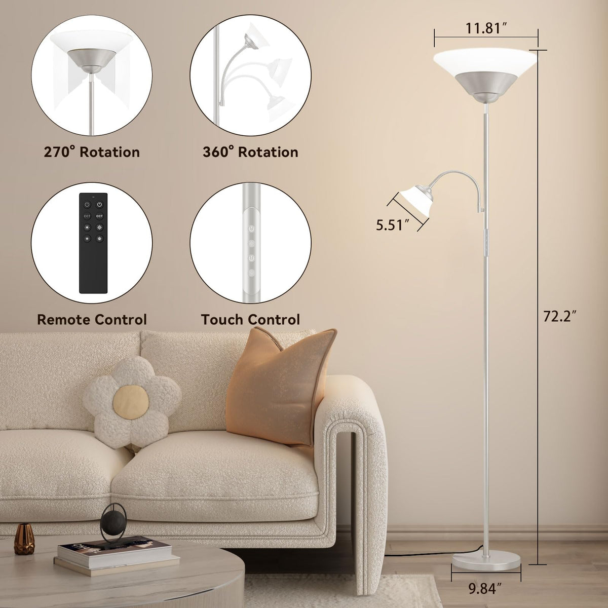 SIBRILLE 2-in-1 Torchiere Floor Lamp, 34W Super Bright LED Standing Lamp with Remote & Touch Control, 72" Dimmable Adjustable Corner Reading Lamp for Living Room, Bedroom, Office, Black