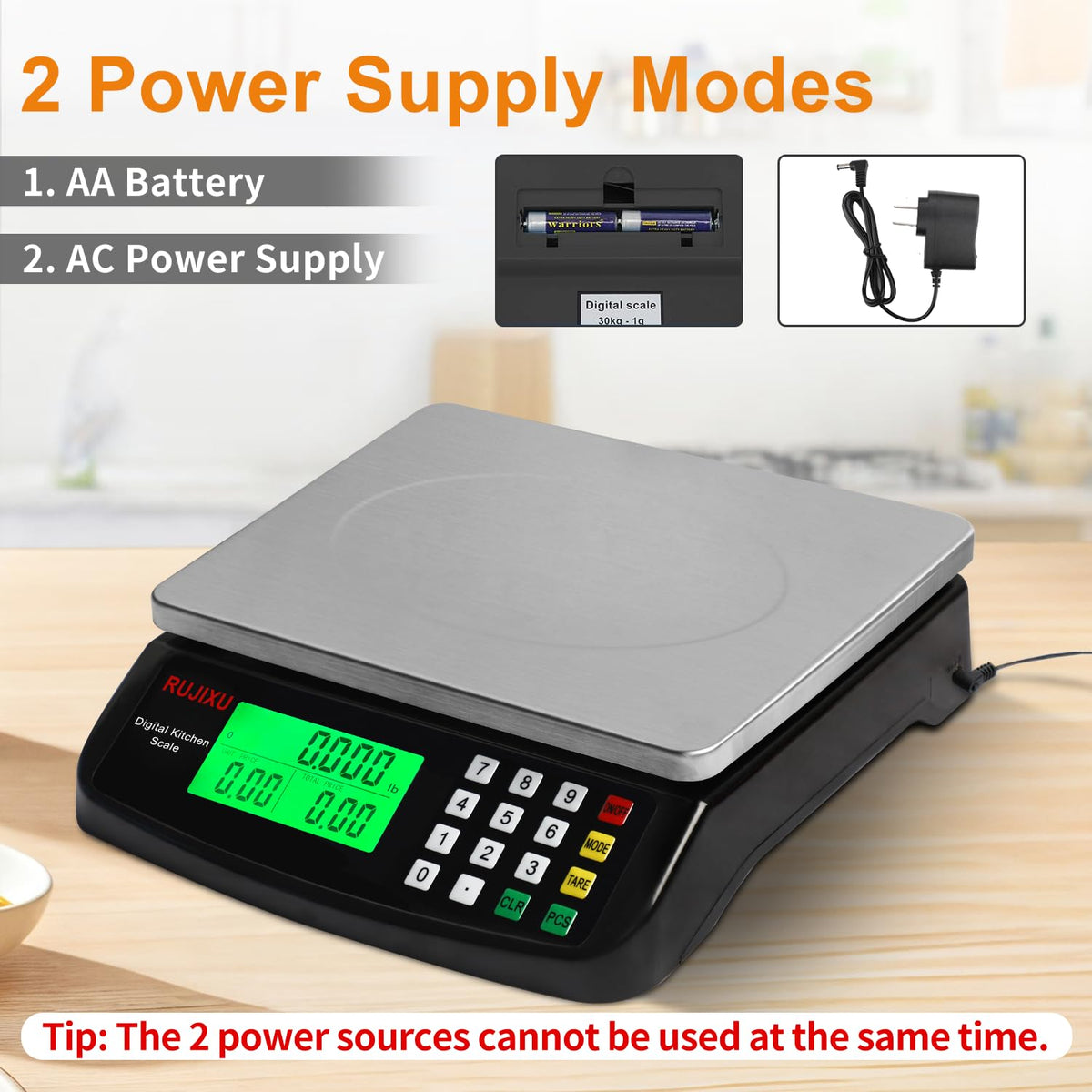 Large Digital Kitchen Scale 30KG Commercial Food Scale 66LB for Baking Bread Meat Stainless Steel Price Computing Scale LCD Display,Prep Counting Scale for Parts and Coins Adapter Included