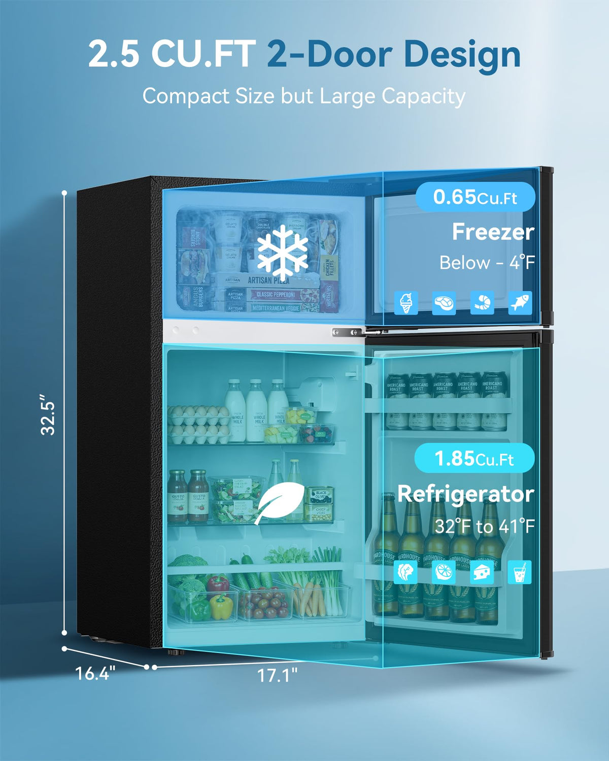 Feelfunn 2.5 Cu.Ft Mini Fridge with Freezer, 2 Door Dorm Fridge, Silver