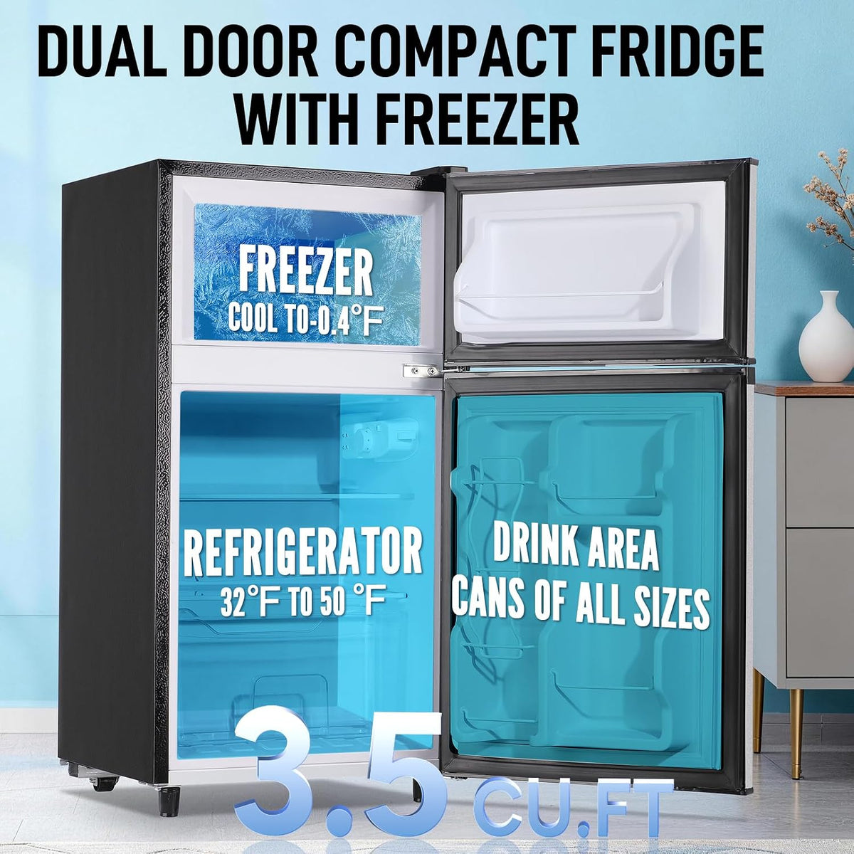 Mini Fridge with Freezer, 3.5 cubic feet 2- Doors Small Refrigerator Features 7 Gear Mechanical Control, Side Bottle Rack, Ideal for Dorm, Kitchen, Apartment, Office, Silver