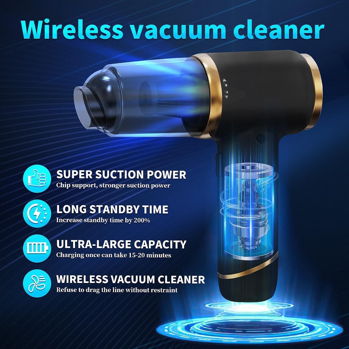 DUCK PATO Handheld Vacuum Cleaner with 15000PA Powerful Suction Force, Wireless Vacuum Cleaner, Portable Vehicle-Mounted Vacuum Cleaner, Suitable for Home and car, Black