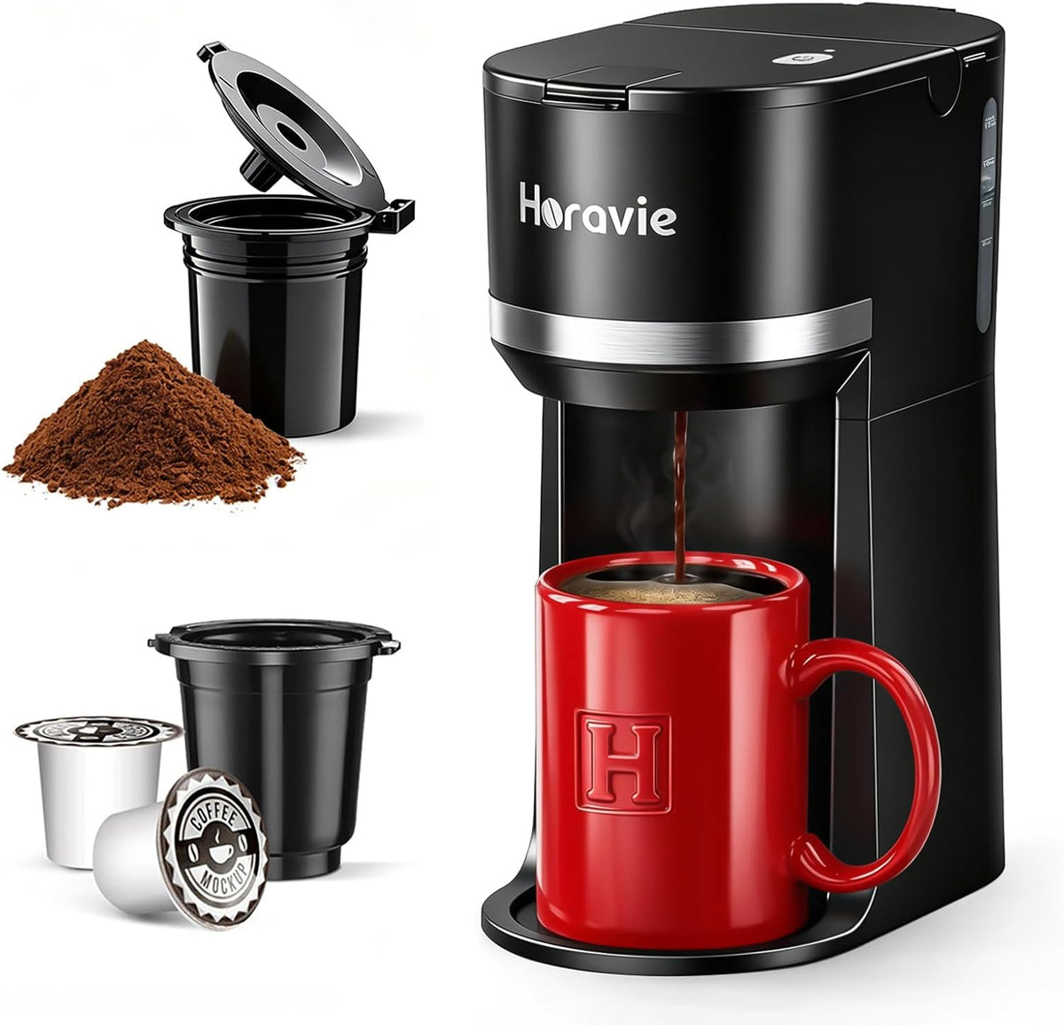 Small Single Serve Coffee Maker for K Cup and Grounds with One Button