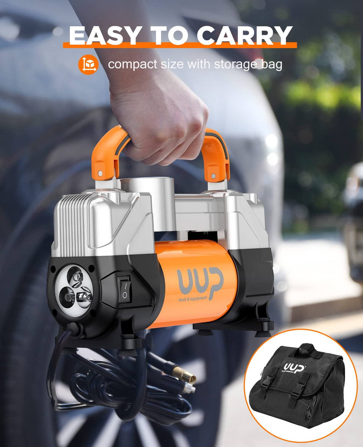 Portable 12V Air Compressor, 150 PSI Tire Inflator with Dual Cylinders