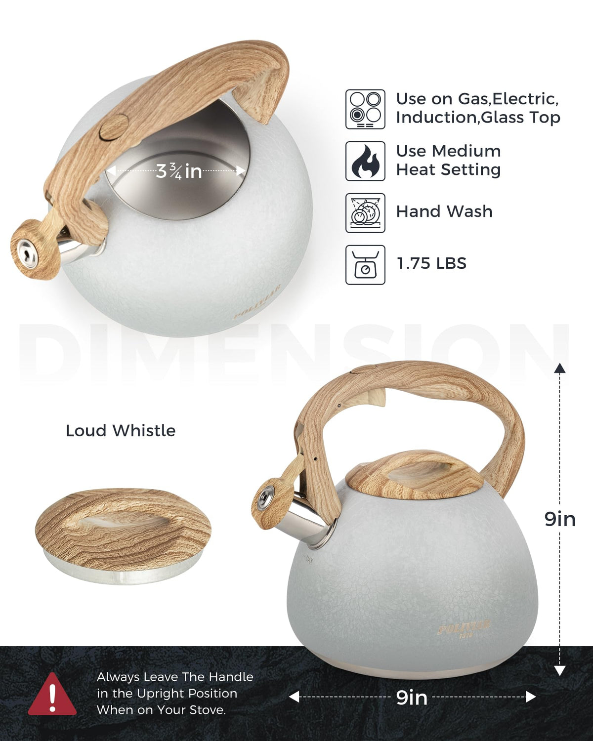 POLIVIAR Tea Kettle, 2.7 Quart Natural Stone Finish with Wood Pattern Handle Loud Whistle Food Grade Stainless Steel Teapot, Anti-Hot Handle and Anti-Rust, Suitable for All Heat Sources (JX2018-GR20)