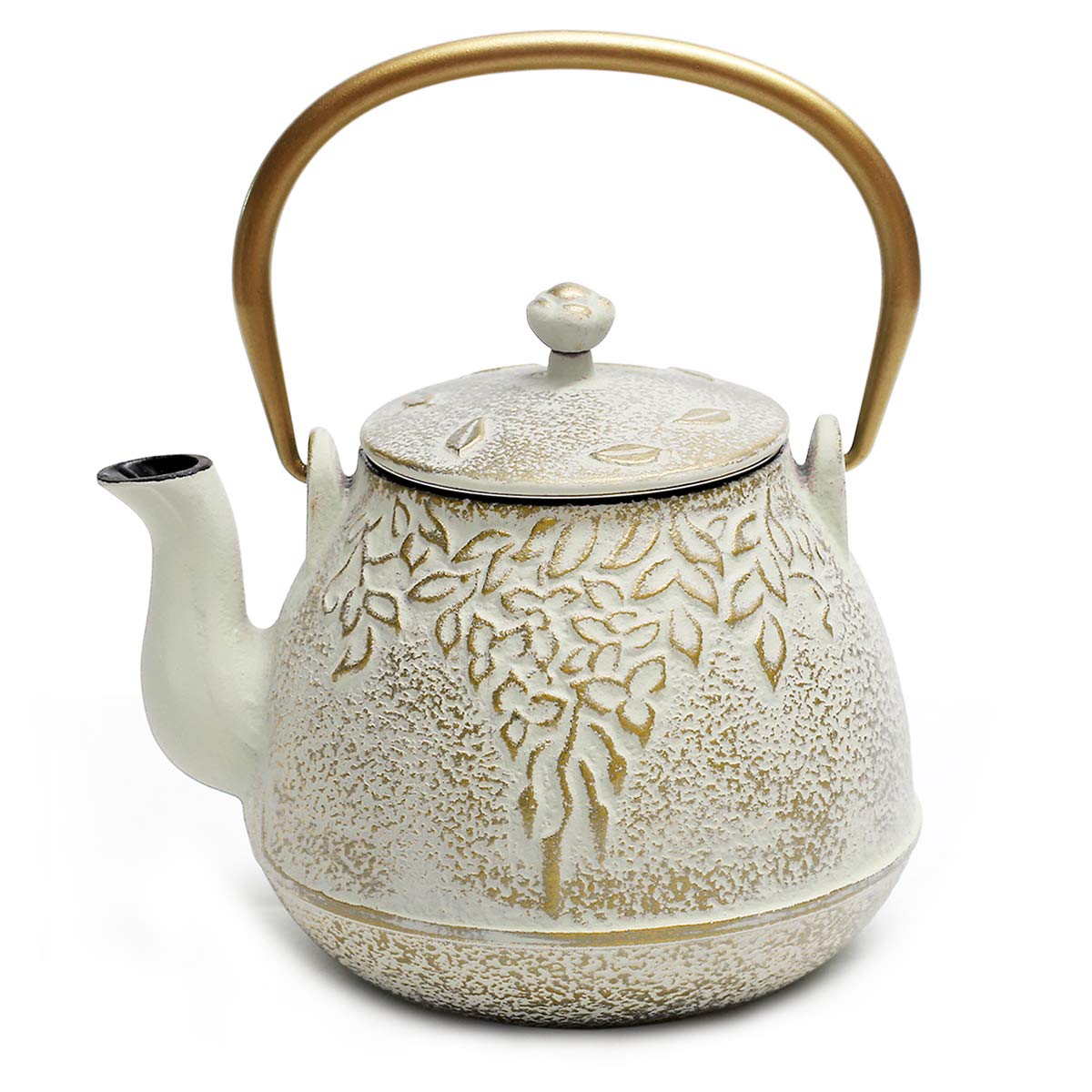 TOPTIER Japanese Teapot with Stainless Steel Infuser, Cast Iron Tea Kettle Stovetop Safe, Leaf Design Coated with Enameled Interior for 32 Ounce (950 ml), Light Green