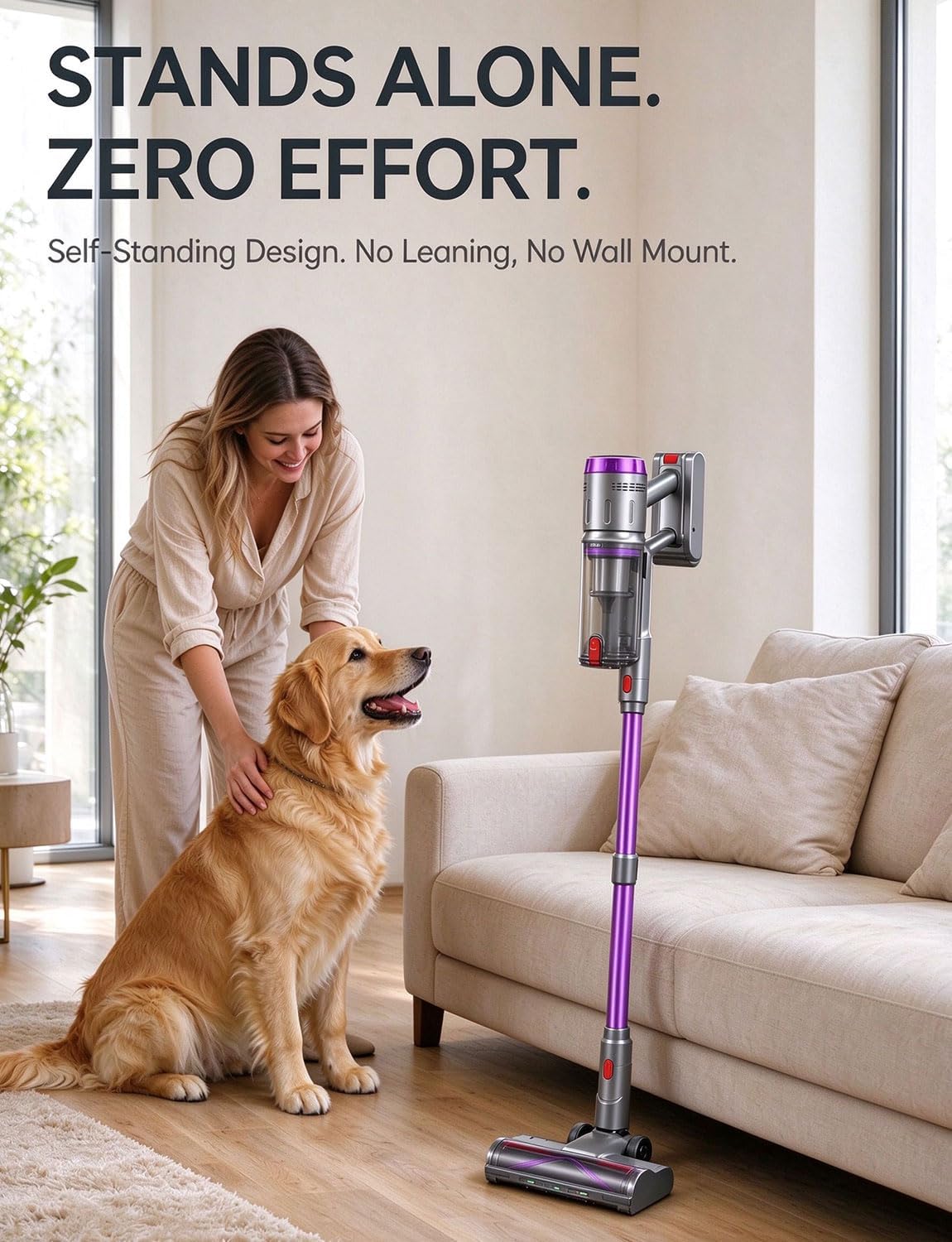 OXVAC Cordless Vacuum Cleaner, 60KPa 650W Stick Vacuum with 80Mins Runtime, Smart AUTO Mode, Anti-Tangle Brush, Self-Standing, Large Cup for Home, Pet Hair, Carpet & Hardwood Floor