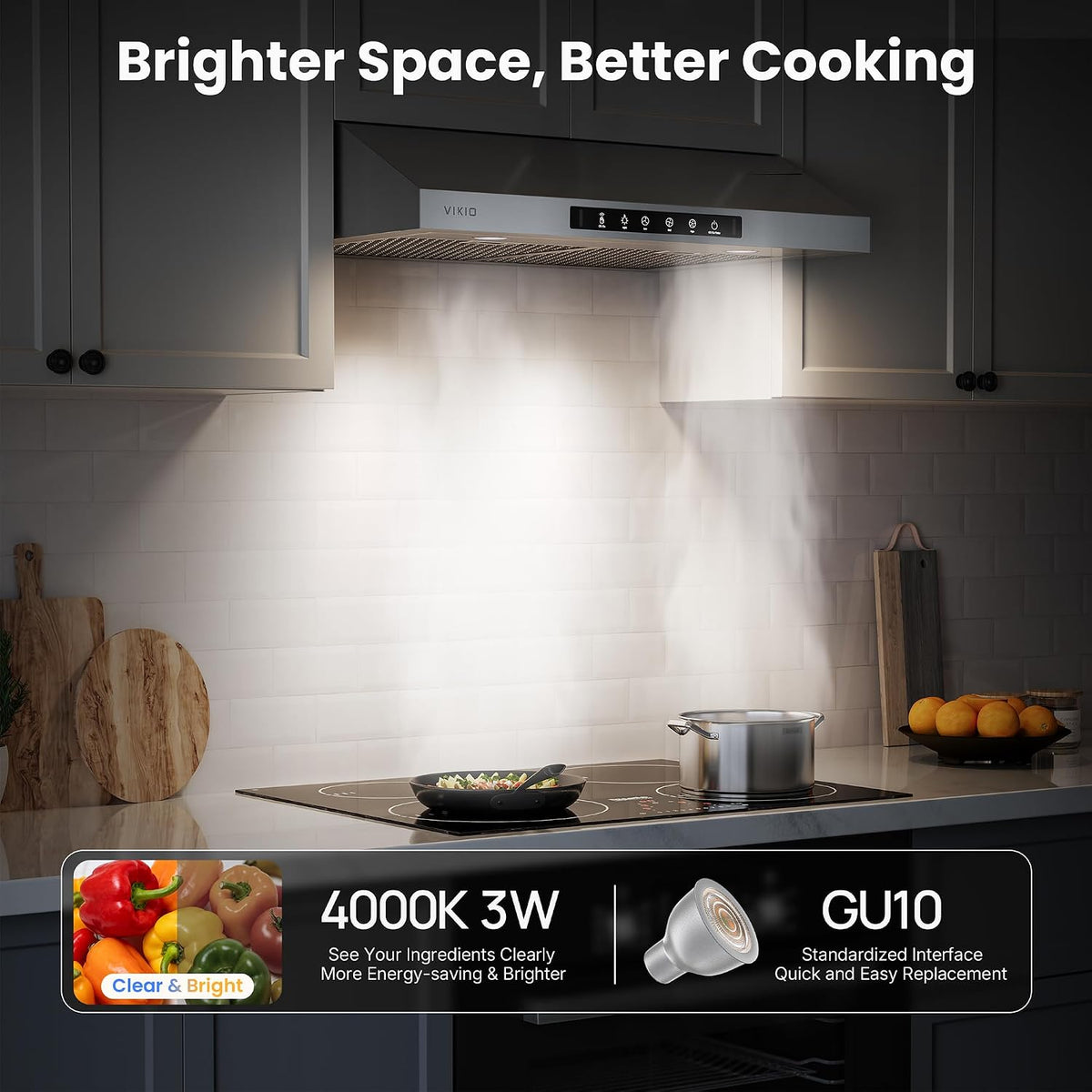 VIKIO HOME 36 Inch Under Cabinet Range Hood 900 CFM, Dual Motor Powerful Kitchen Vent Hood, Gesture & Touch Control, Ultra Quiet DC Motor, Dishwasher-Safe Filters, LED Lights, Stainless Steel
