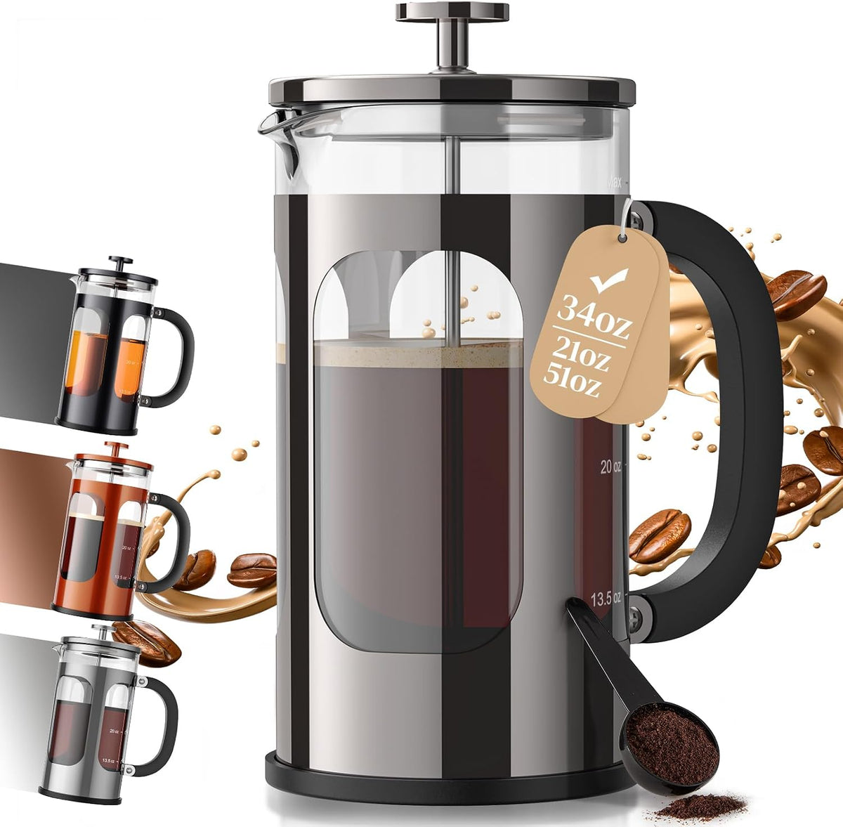 Veken 34oz French Press Coffee Maker, No Plastic Touching Cafe,1 L Cafetera