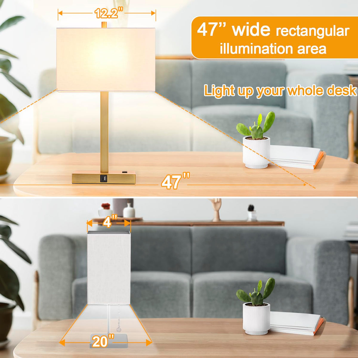 Lynnoland Set of 2 Touch Control Table Lamps with 2 USB & AC Outlet, 3-Way Dimmable Bedside Nightstand Lamps for Bedroom Living Room Nursery, 800 Lumens 5000K Daylight Bulbs Included