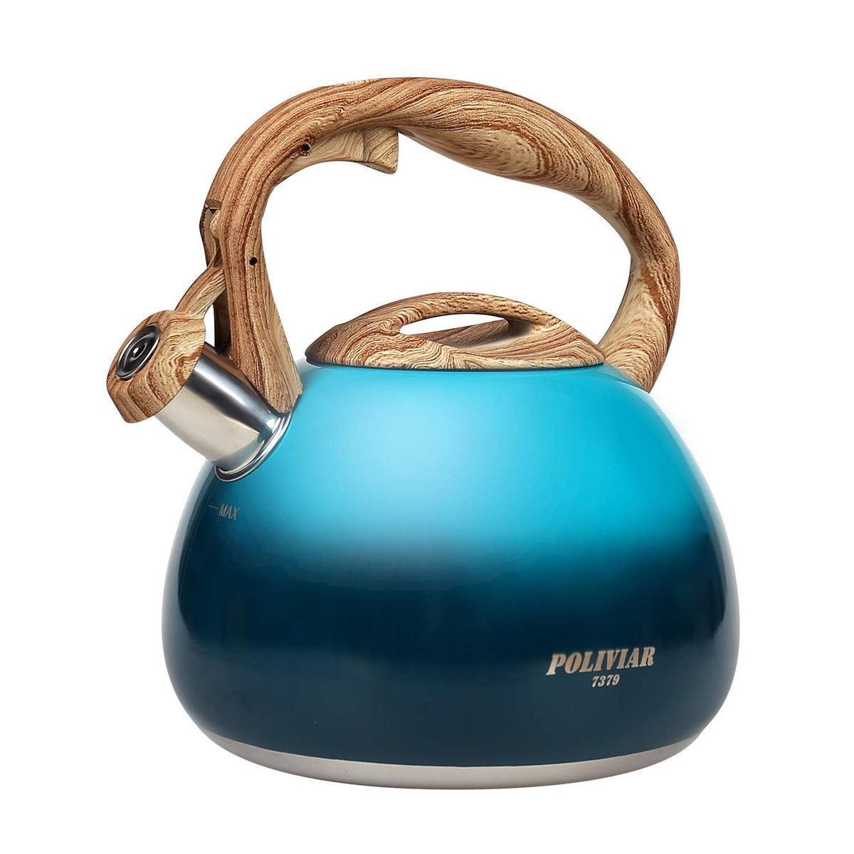 POLIVIAR Tea Kettle, 2.7 Quart Natural Stone Finish with Wood Pattern Handle Loud Whistle Food Grade Stainless Steel Teapot, Anti-Hot Handle and Anti-Rust, Suitable for All Heat Sources (JX2018-GR20)