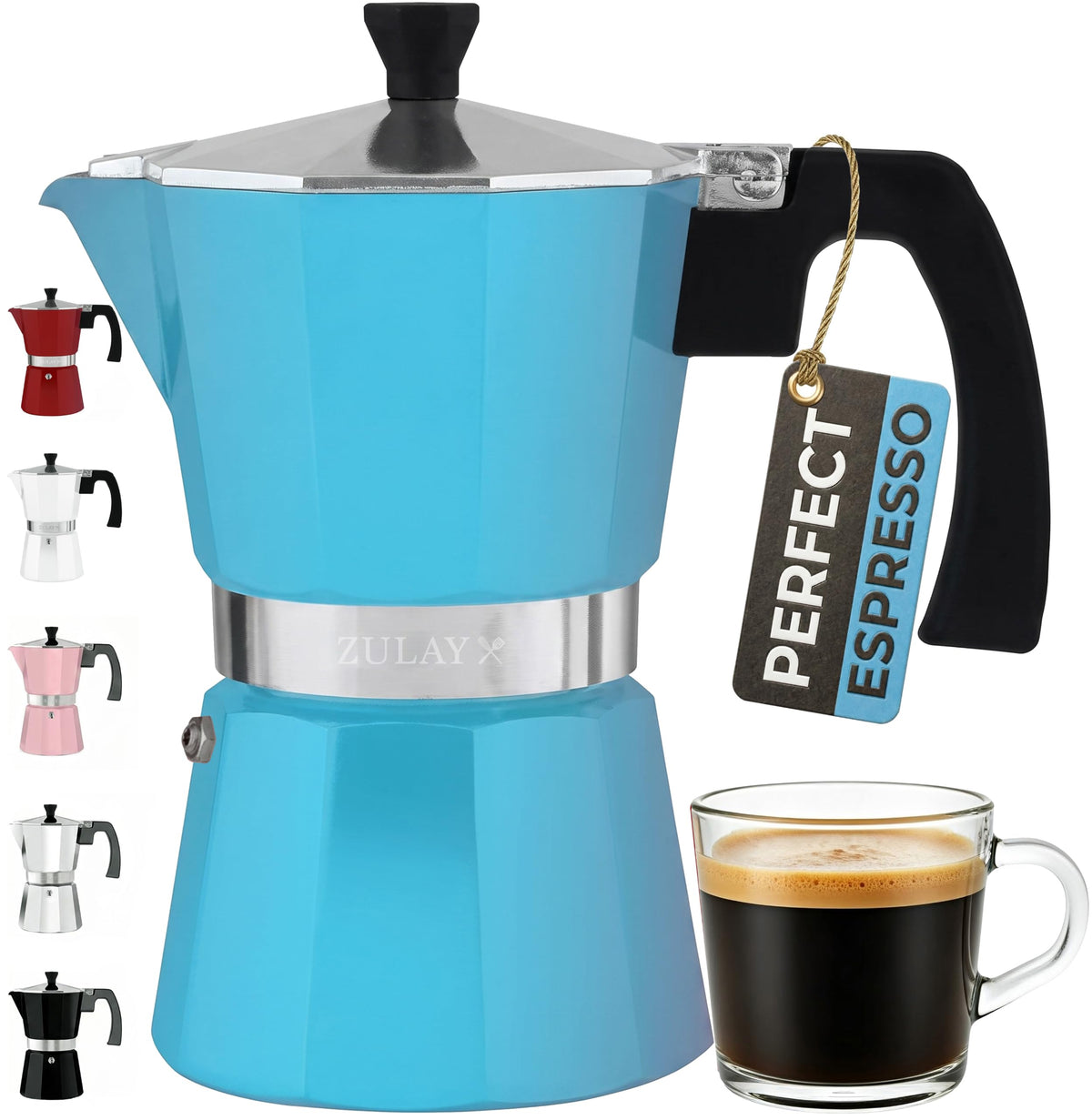 Zulay Moka Pot Espresso Stovetop Coffee Maker - Leak-Proof, Stainless Steel, Easy to Clean, Heat Resistant Handle & Knob - for Authentic Cuban & Italian Style Espresso - Makes 6 Espresso Cups - Red