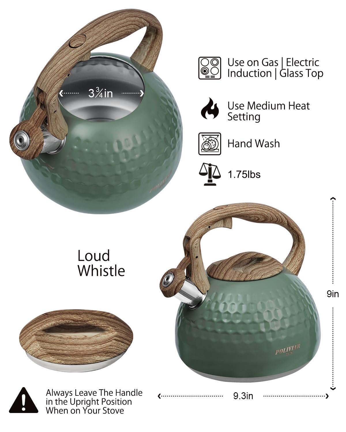 POLIVIAR Tea Kettle, 2.7 Quart Natural Stone Finish with Wood Pattern Handle Loud Whistle Food Grade Stainless Steel Teapot, Anti-Hot Handle and Anti-Rust, Suitable for All Heat Sources (JX2018-GR20)