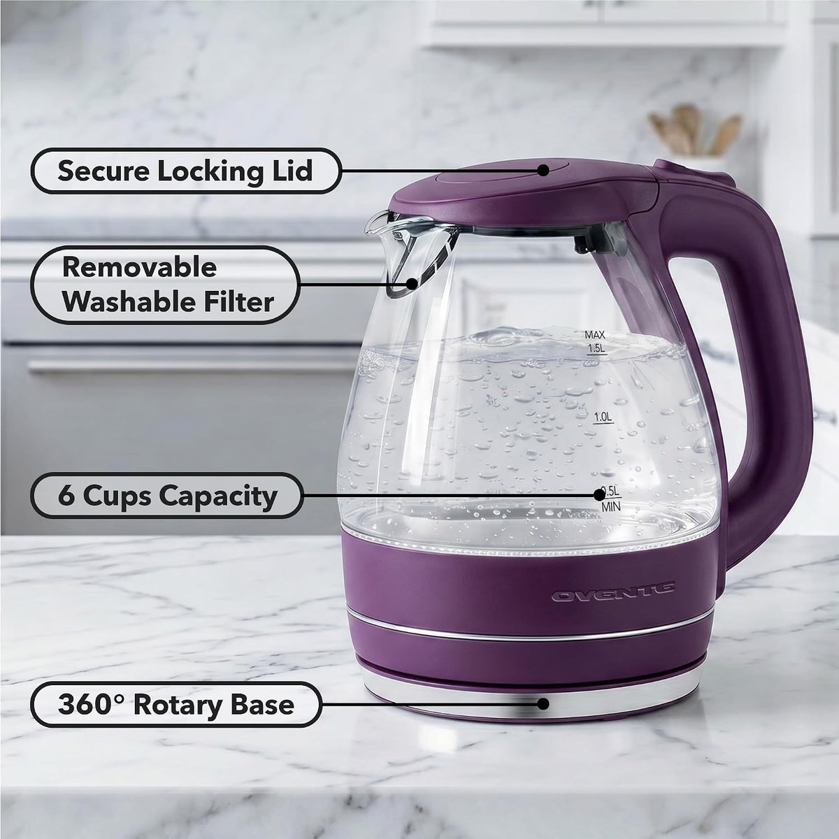 OVENTE 1.5L Glass Electric Kettle Water Boiler, Black KG83B