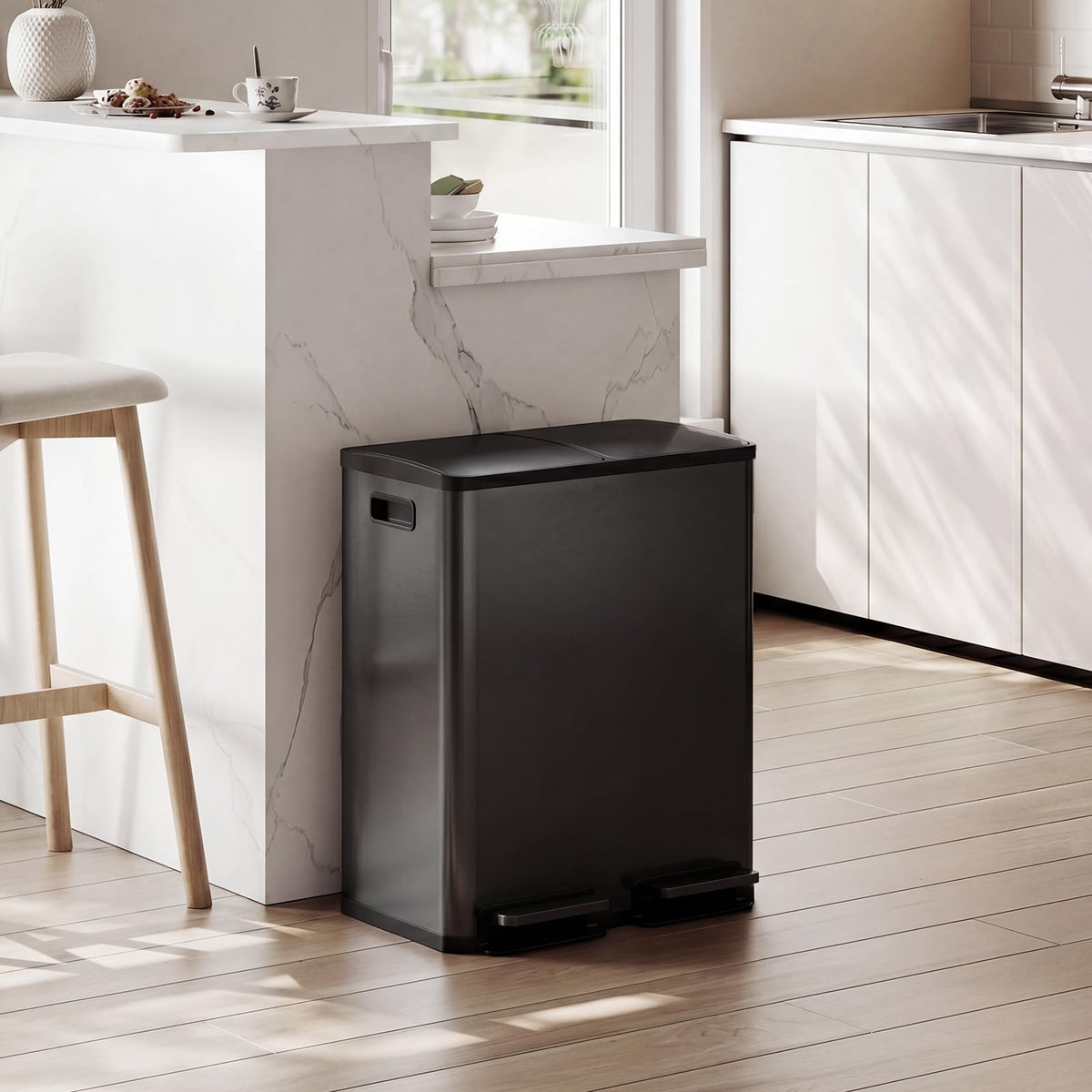 NEWBULIG 16 Gallon Dual Compartment Kitchen Trash Can, Stainless Steel, 60L