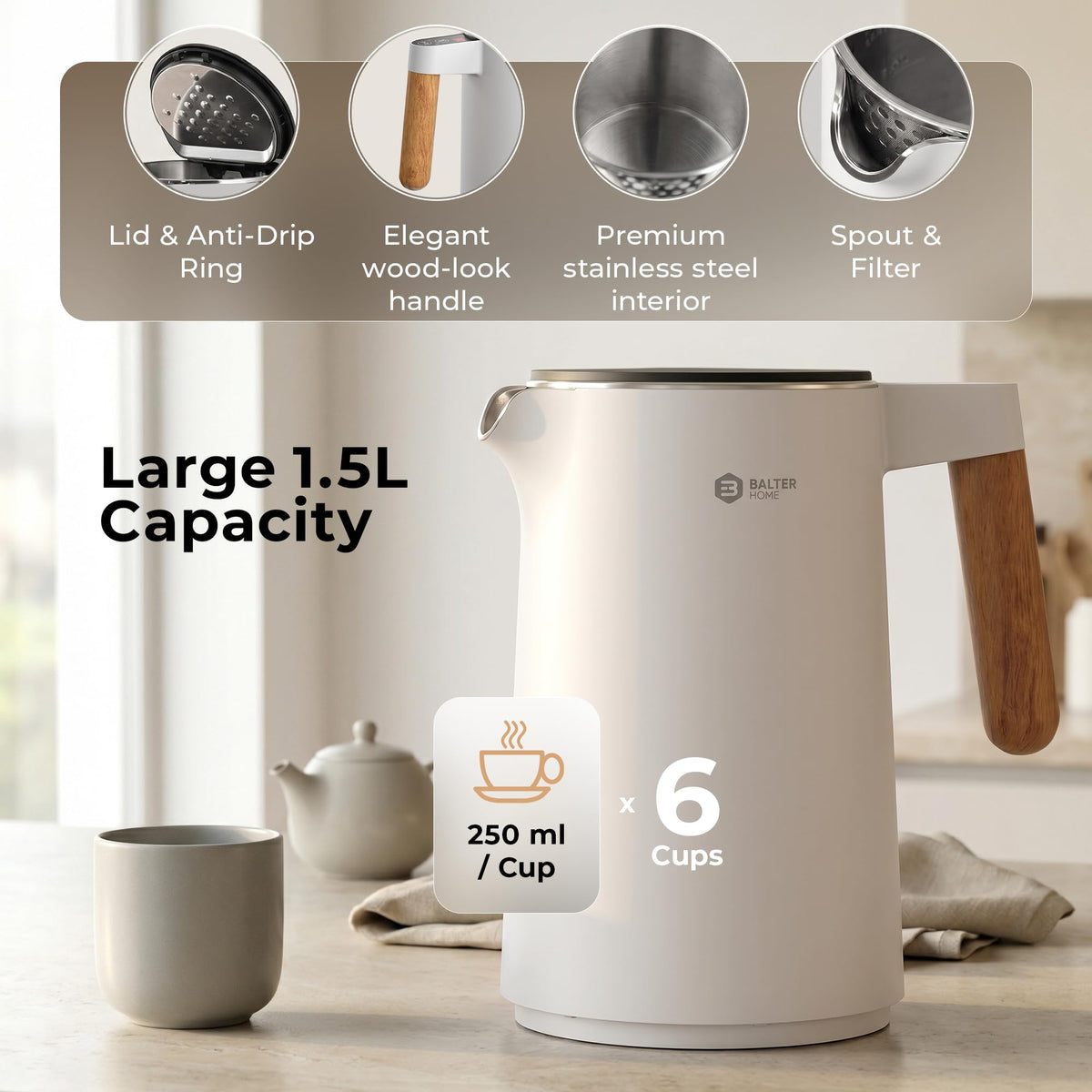 BALTER Electric Kettle with Temperature control, 113 °F – 212 °F, Tea pot, Stainless steel, double wall water kettle, BPA-free, 1.5 L, Black