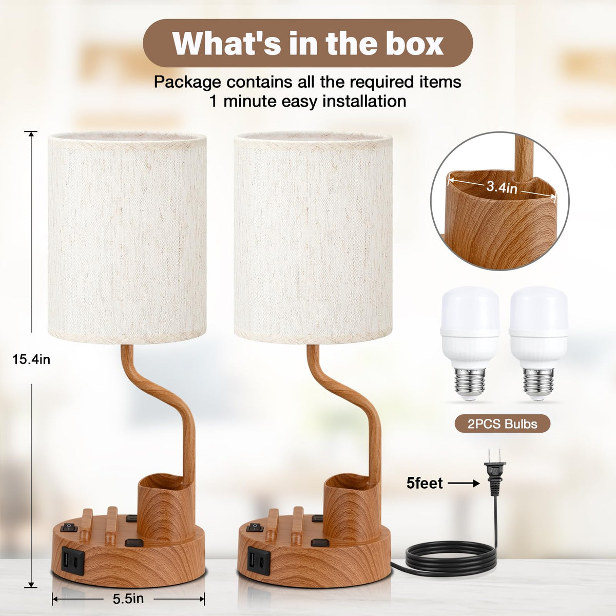 Fenmzee Bedside Lamps for Bedroom Set of 2 - Table Desk Lamp for Nightstand