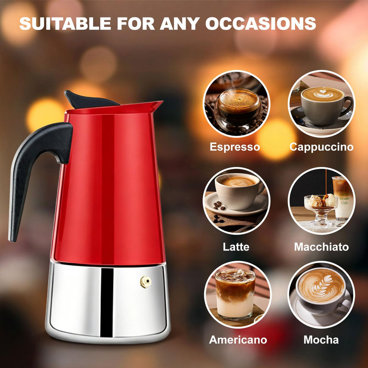6 Cup Stovetop Espresso Maker Stainless Steel Moka Pot Stove Top Percolator Italian Coffee Makers Capable Mocha Greca Machine Cafe Classic Induction Cookers for Home and Camping 300ml 10oz
