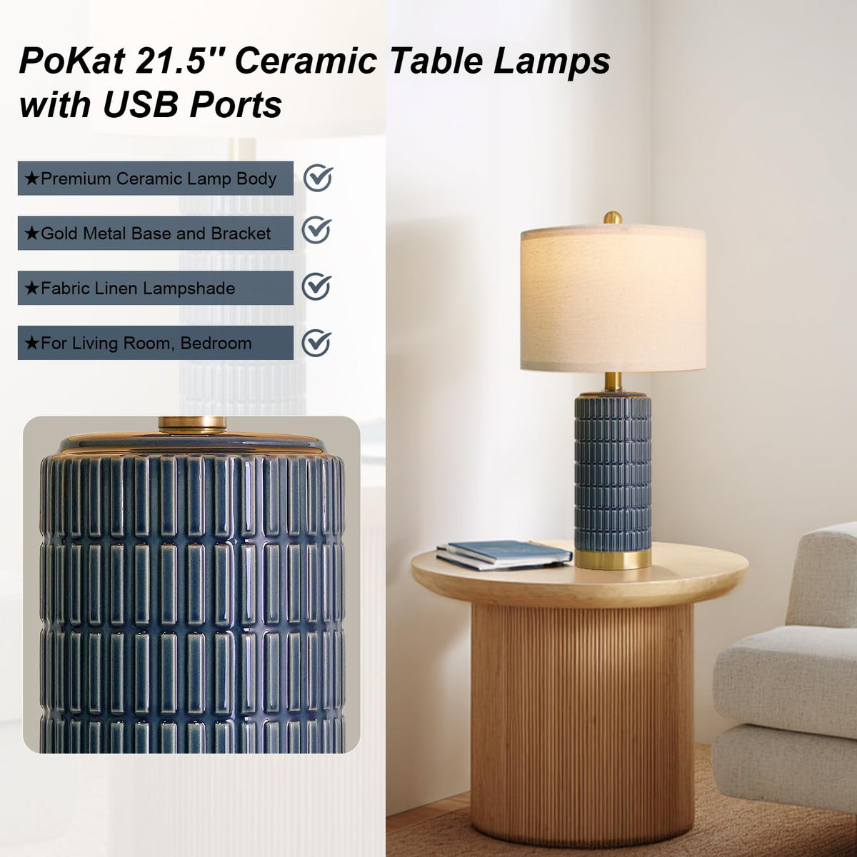 PoKat 20.75" Small Modern Ceramic Table Lamps Set of 2 for Bedroom, White