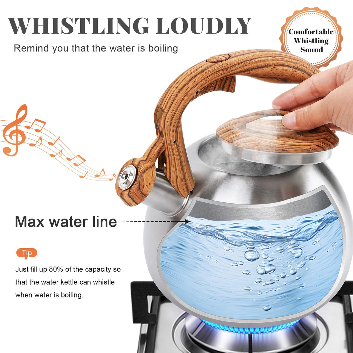 GGC Whistling Tea Kettle for Stove Top, 3.2QT/3L Stainless Steel Tea Kettle