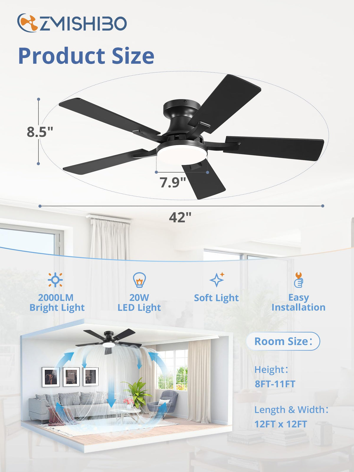 ZMISHIBO 52 Inch Ceiling Fans with Lights, Remote&App Control, Flush Mount