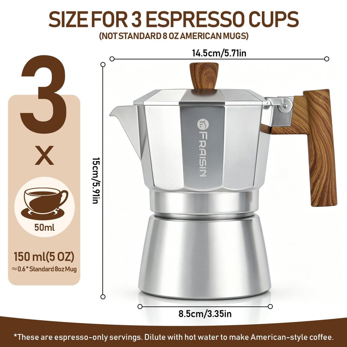 Stovetop Espresso Moka Pot Coffee Maker, Non-slip Wood Grain Handle, Cast Aluminum, Compatible with Gas, and Electric Stoves (Black, 12 cups)