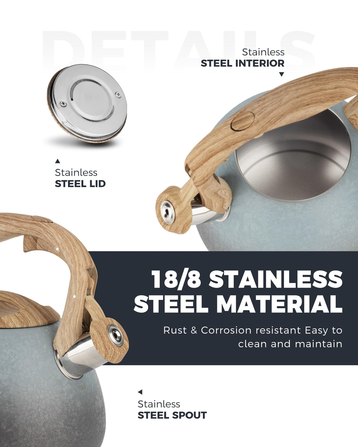 POLIVIAR Tea Kettle, 2.7 Quart Natural Stone Finish with Wood Pattern Handle Loud Whistle Food Grade Stainless Steel Teapot, Anti-Hot Handle and Anti-Rust, Suitable for All Heat Sources (JX2018-GR20)
