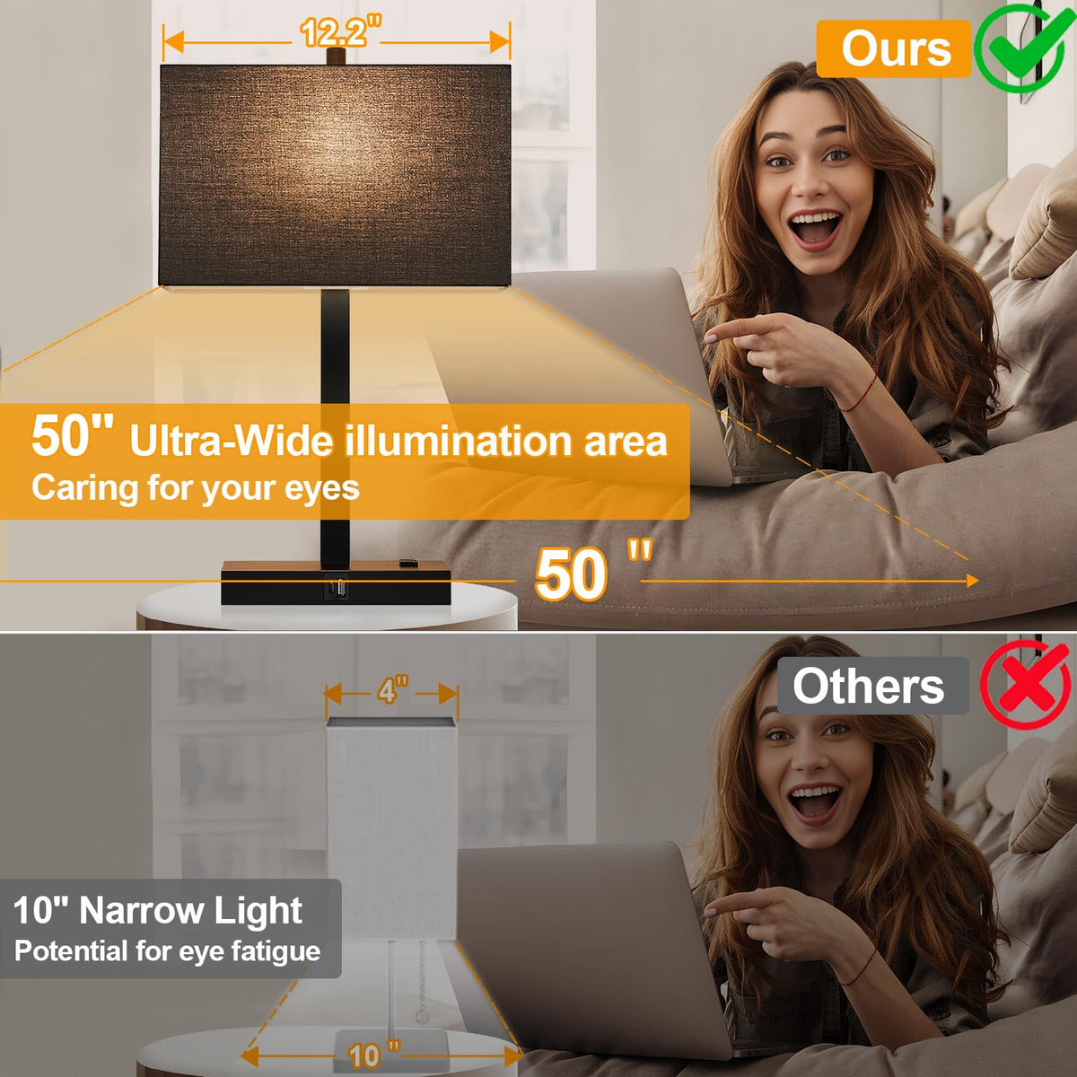 Lynnoland Set of 2 Touch Control Table Lamps with 2 USB & AC Outlet, 3-Way Dimmable Bedside Nightstand Lamps for Bedroom Living Room Nursery, 800 Lumens 5000K Daylight Bulbs Included