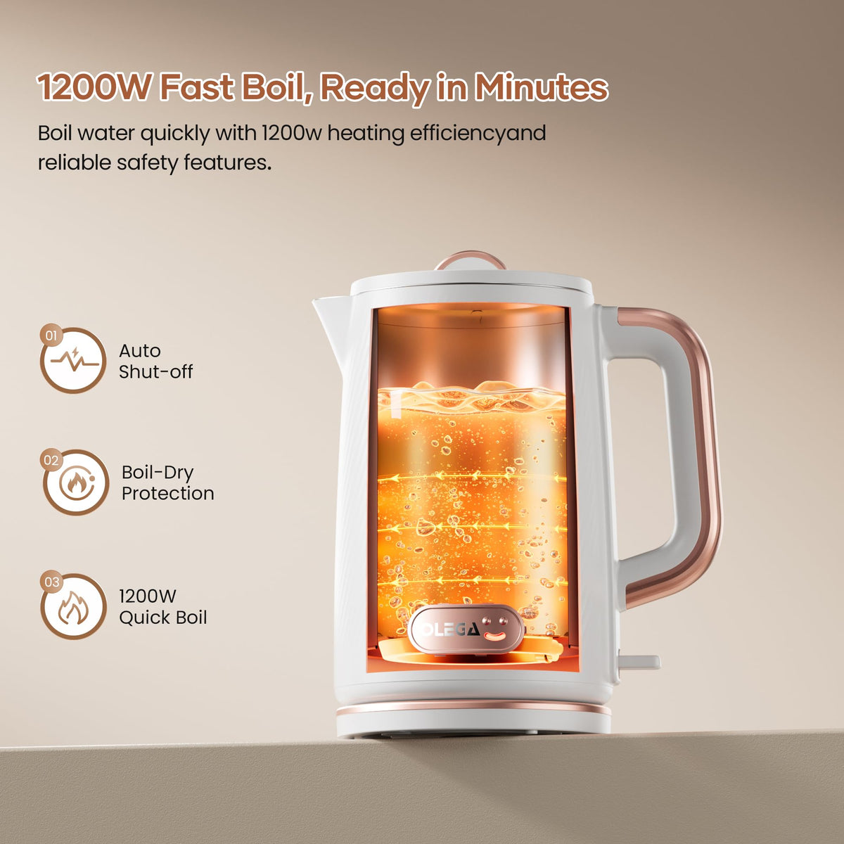 OLEGA Electric Kettle: 1200W Fast Boil Electric Water Kettles, 1.5L Double Wall Stainless Steel Tea Kettle, Auto Shut-Off, BPA-Free Hot Water Boiler Teapot for Coffee & Tea -Ligth Green