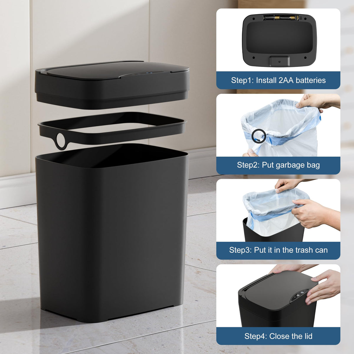 Vanpopubs 2 Pack 2.7 Gal Bathroom Trash Can with Lid, Automatic Trash Can Small Smart Garbage Can Touchless, Slim Motion Sensor Waterproof Plastic Trash Bins for Bedroom Office Kitchen Toilet, White