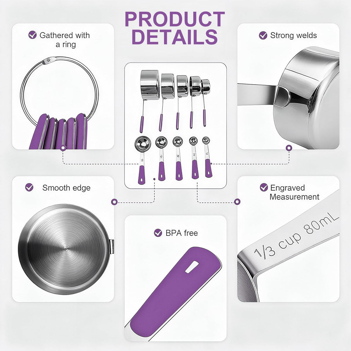 10-Pcs Stainless Steel Measuring Cups & Spoons Set, Colorful Handles