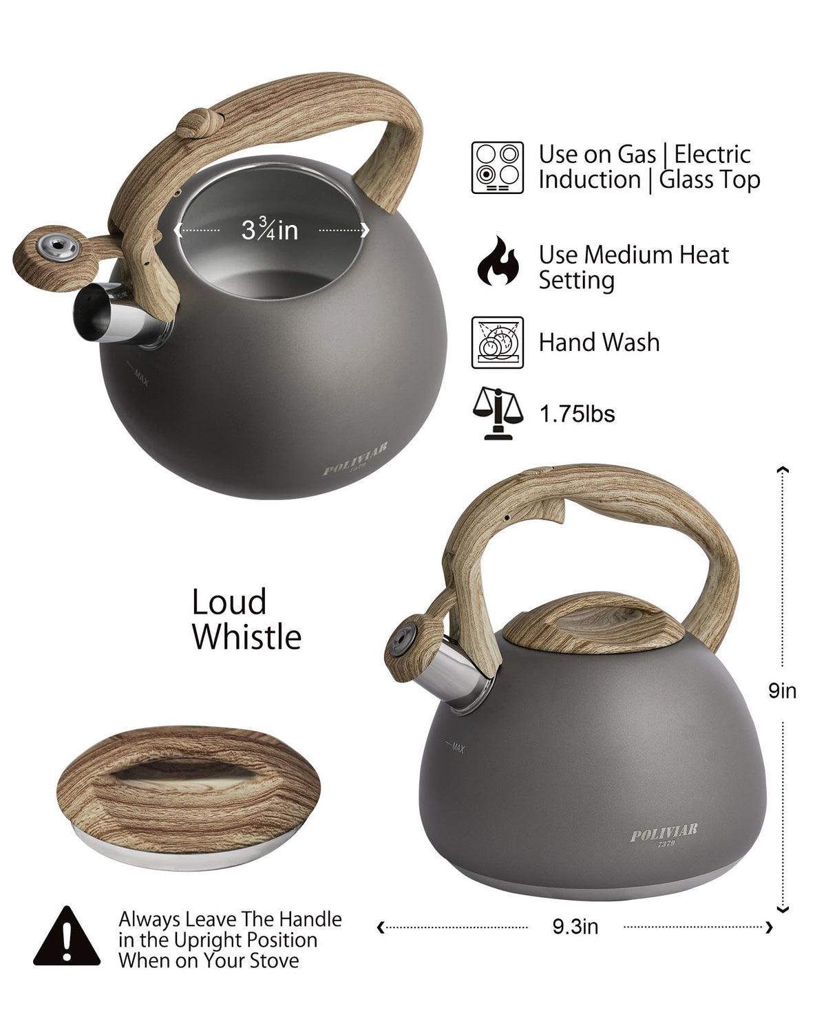 POLIVIAR Tea Kettle, 2.7 Quart Natural Stone Finish with Wood Pattern Handle Loud Whistle Food Grade Stainless Steel Teapot, Anti-Hot Handle and Anti-Rust, Suitable for All Heat Sources (JX2018-GR20)