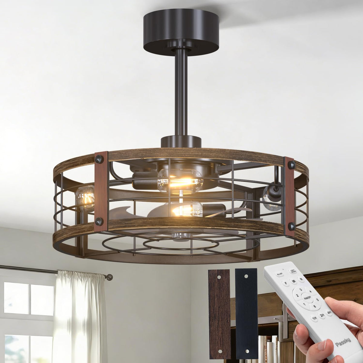 Passky 20" Caged Ceiling Fans with Lights and Remote, Low Profile Fandelier