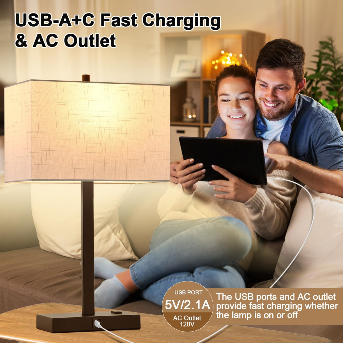 Lynnoland Set of 2 Touch Control Table Lamps with 2 USB & AC Outlet, 3-Way Dimmable Bedside Nightstand Lamps for Bedroom Living Room Nursery, 800 Lumens 5000K Daylight Bulbs Included