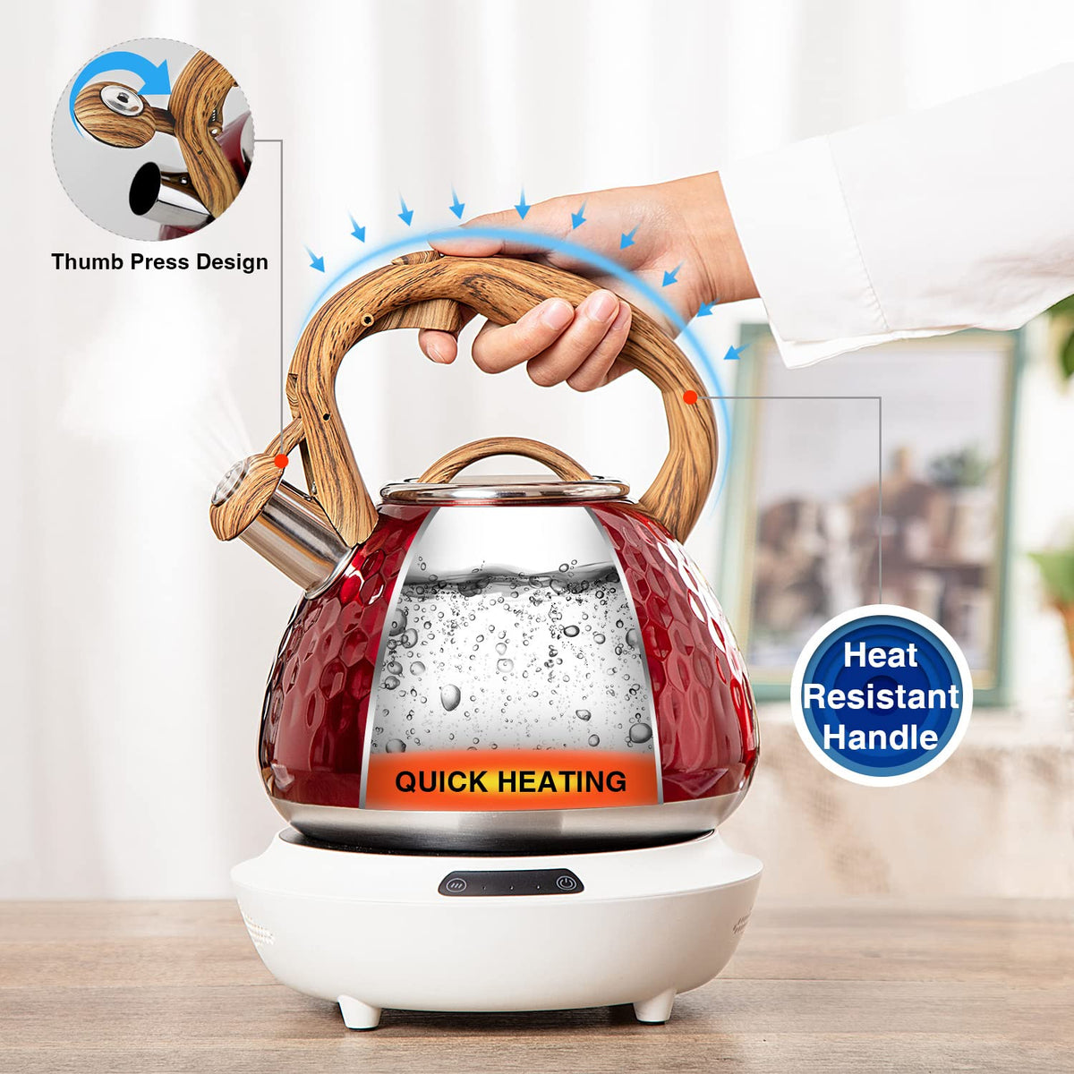 Tea Kettle, Toptier Teapot Whistling Kettle with Wood Pattern Handle Loud Whistle, Food Grade Stainless Steel Tea Pot for Stovetops Induction Water Kettle, 2.7-Quart Butterfly