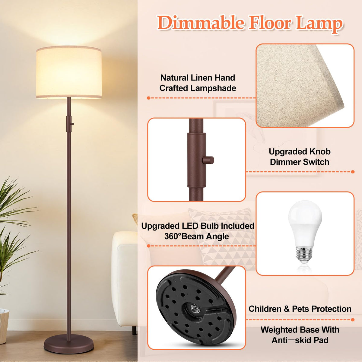 【Upgraded】 Dimmable Floor Lamp for Living Room,1000 Lumens Bulb Included, Modern Floor Lamps Simple Design with Linen Shade, Tall Standing Lamp for Bedroom Office Dining Room, Black Pole Lamp
