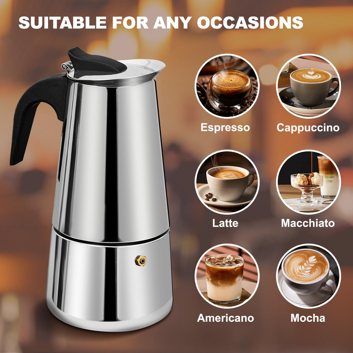 6 Cup Stovetop Espresso Maker Stainless Steel Moka Pot Stove Top Percolator Italian Coffee Makers Capable Mocha Greca Machine Cafe Classic Induction Cookers for Home and Camping 300ml 10oz