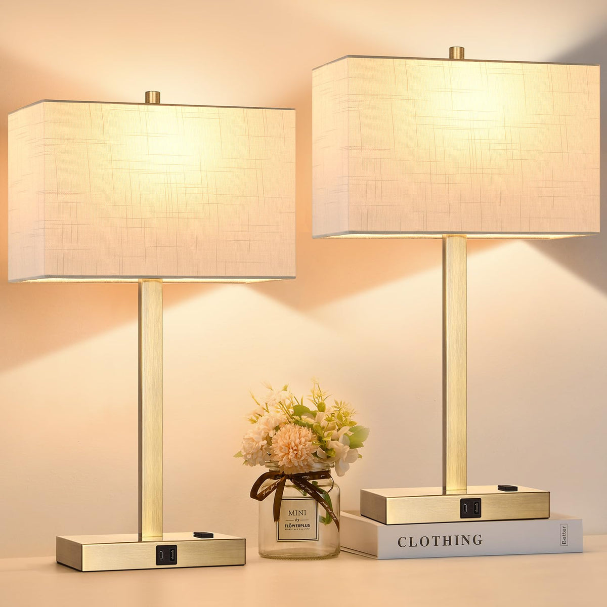 Lynnoland Set of 2 Touch Control Table Lamps with 2 USB & AC Outlet, 3-Way Dimmable Bedside Nightstand Lamps for Bedroom Living Room Nursery, 800 Lumens 5000K Daylight Bulbs Included