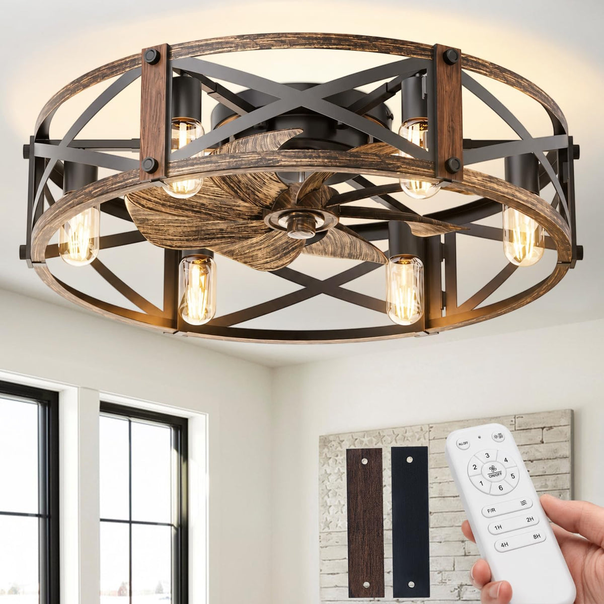 Passky 20" Caged Ceiling Fans with Lights and Remote, Low Profile Fandelier