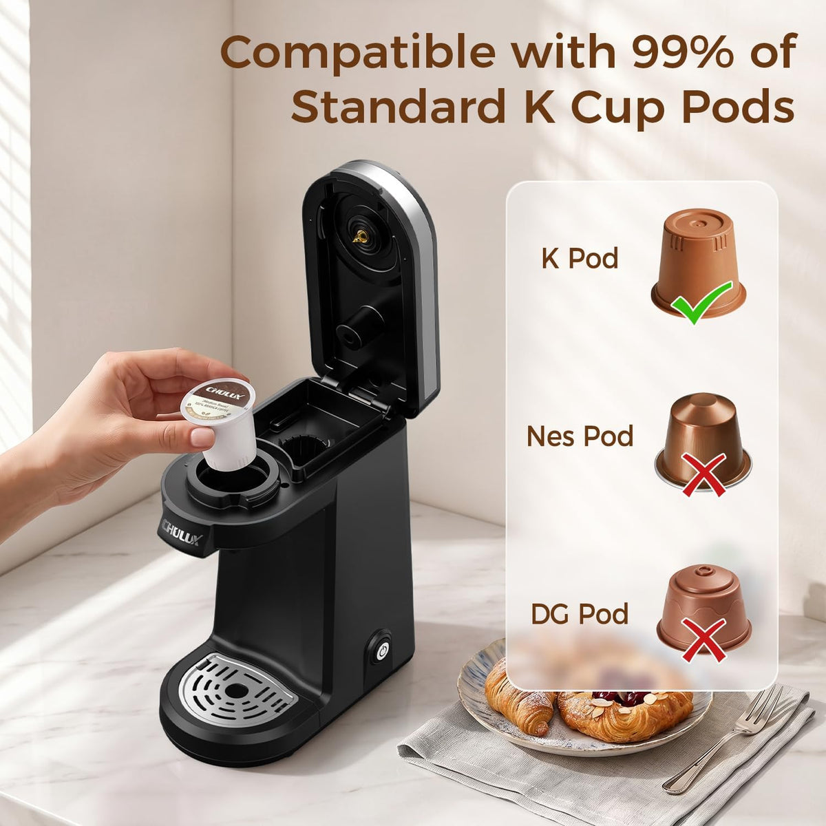 CHULUX Single Serve Coffee Maker for K Cup Pod, Fast-Heating System, Black