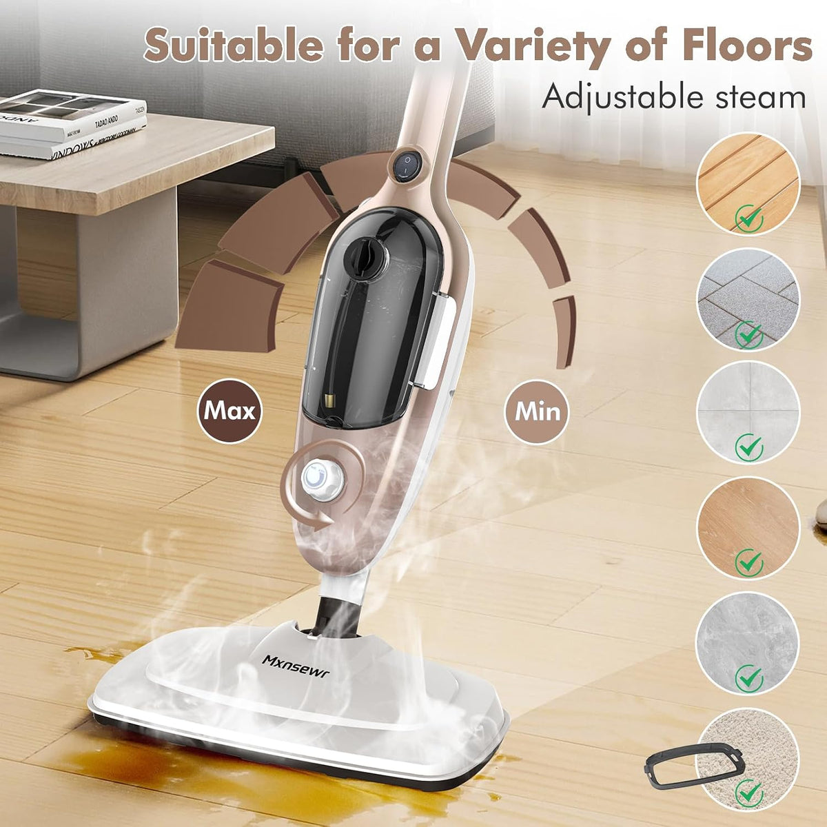 Steam Mop 11-in-1 Handheld Detachable Adjustable Steam Cleaner, Rose Gold