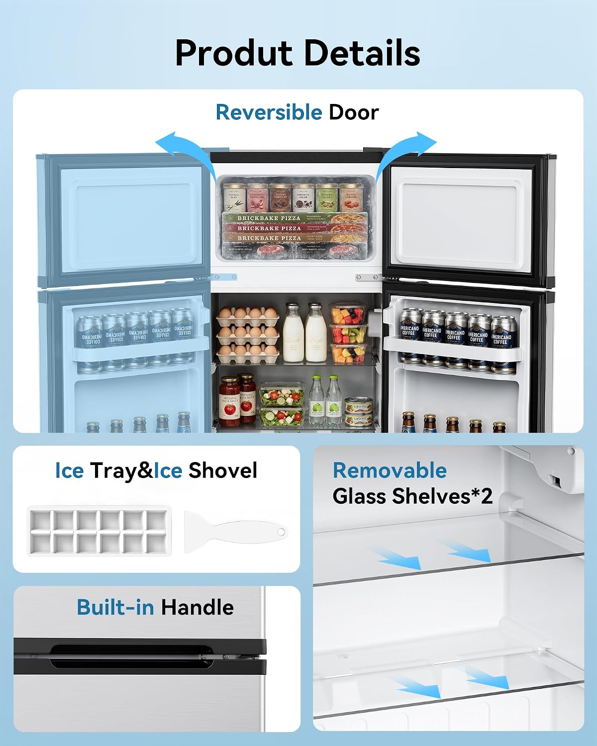 Feelfunn 2.5 Cu.Ft Mini Fridge with Freezer, 2 Door Dorm Fridge, Silver