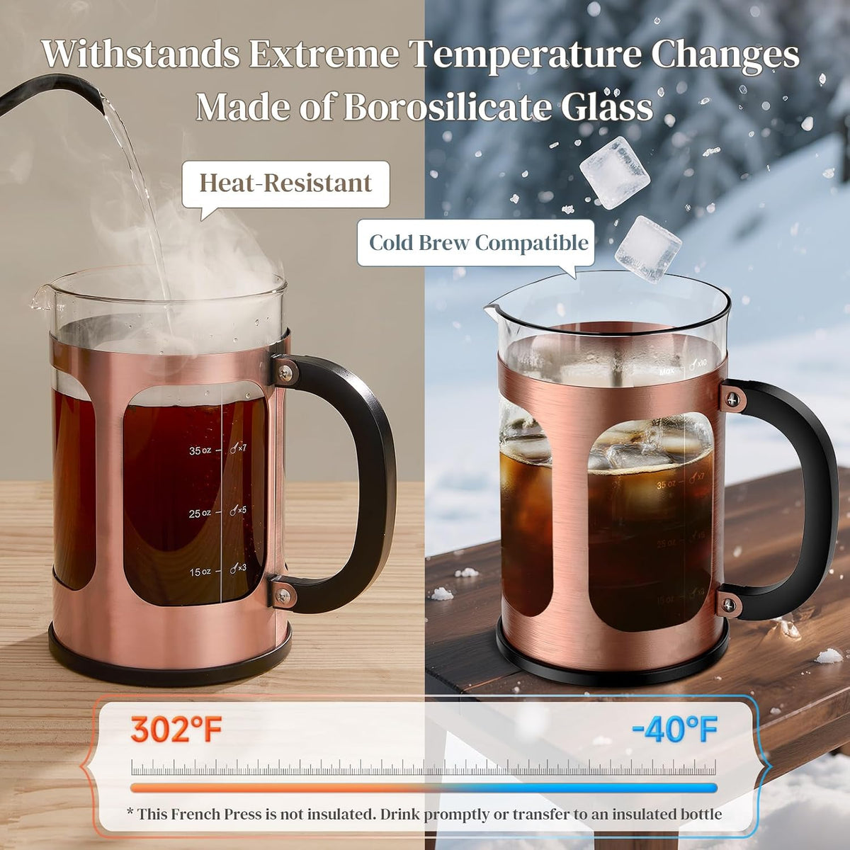 Veken 34oz French Press Coffee Maker, No Plastic Touching Cafe,1 L Cafetera